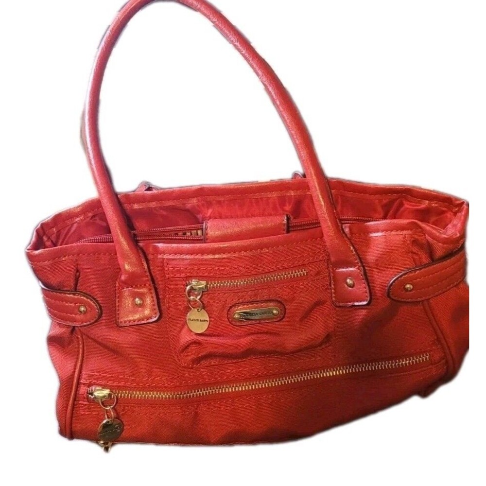 Red Franco Sarto Purse Canvas Leather Trim Double Handle Multi Pocket Sm Flaw